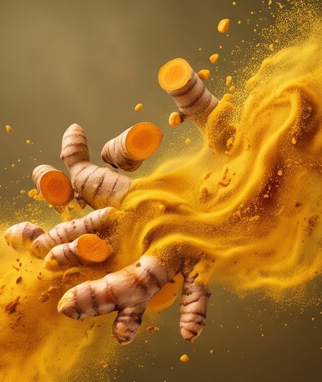 Whole organic turmeric roots swirling in a cloud of fresh turmeric powder