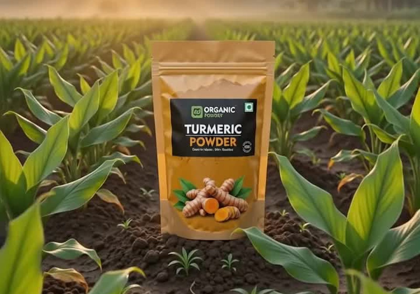 Organic turmeric powder pouch standing in a green field at sunrise