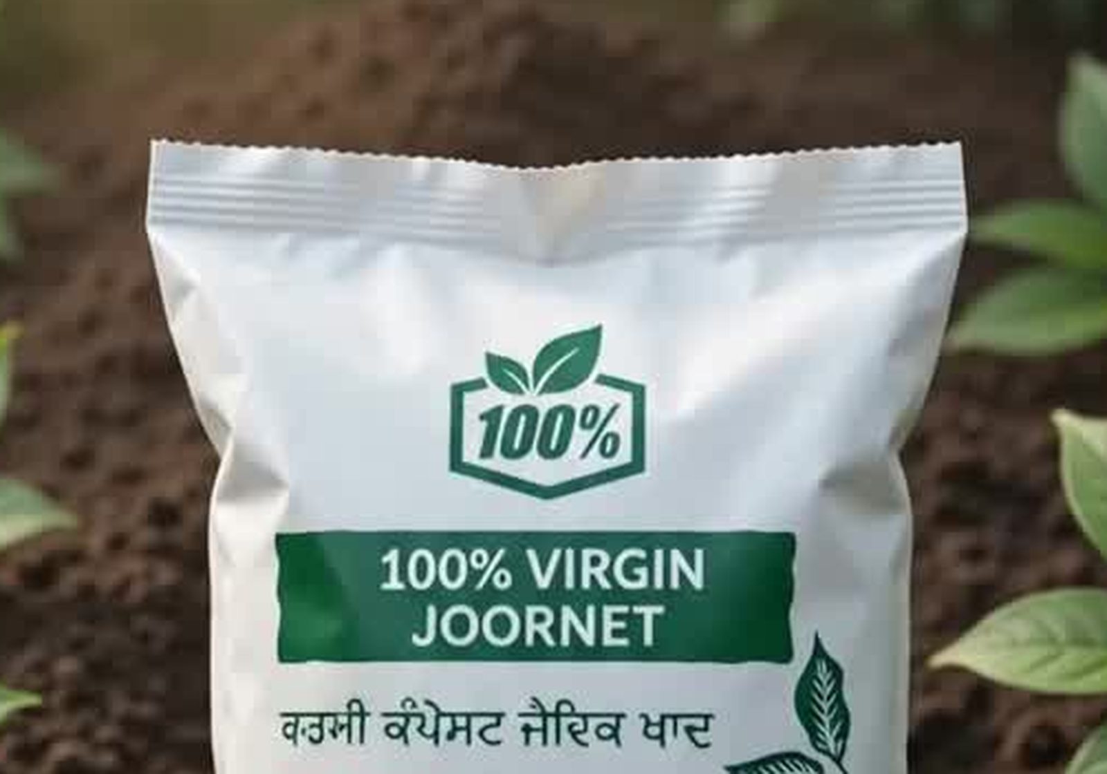 Vermicompost bag surrounded by rich soil and healthy green plants